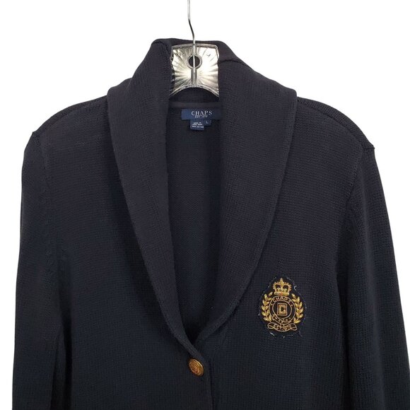 Chaps Womens Size L Cardigan Cotton Sweater Shawl Collar Gold Buttons Crest Navy - Picture 4 of 12